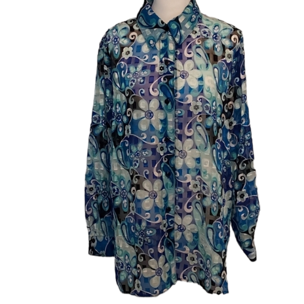Notations Sz XL Long Sleeve Sheer Blouse, Blue, Green, Teal, Black Silver Floral